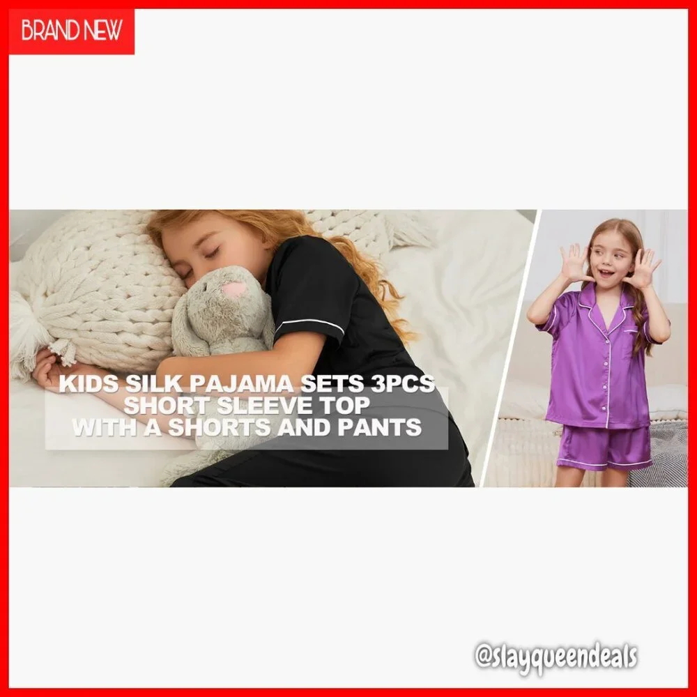 Kids Satin Pajama Set 3-Piece Silk Button Down Shorts Pants
